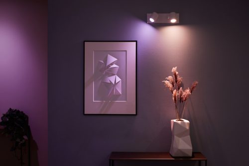 White plate spiral spotlight fixture mounted on wall, illuminating framed art and vase with directed smart lighting.