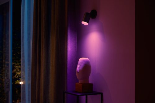 Black single spot light mounted on wall, casting purple illumination onto a sculpture and nearby wall surface.