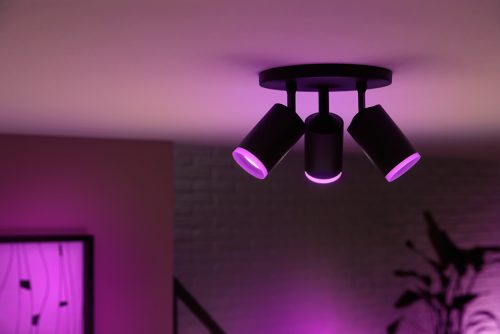 Ceiling-mounted black spiral plate spotlight fixture emitting purple light, illuminating the ceiling and adjacent wall surfaces.
