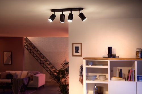 Black ceiling-mounted spiral plate spotlight fixture, directing light onto a living room and shelving unit below.