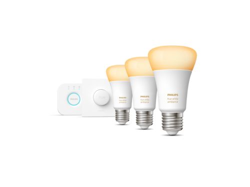 Hue White Ambiance Starter-Set: E27 Lampe A60 Dreierpack - 1100lm + Smart Button