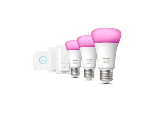 Hue White and Color Ambiance Kit de inicio: 3 lámparas inteligentes E27 (800) + interruptor del regulador de intensidad