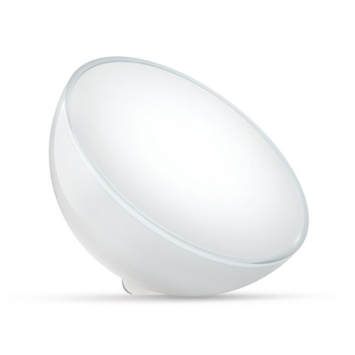 White smart table lamp with a dome shape and glossy finish, featuring a compact design and smooth exterior without visible switches.