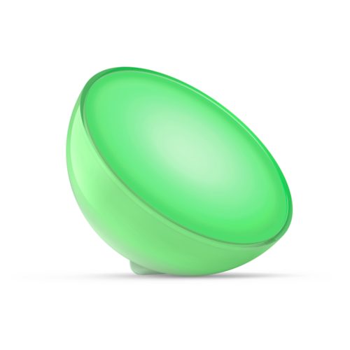 Compact round smart table lamp with a glossy finish, emitting green light, no visible switches or ports.