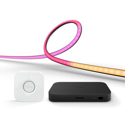 Close up of front of G-force bundle: Hue sync box + Play gradient lightstrip (65" TVs) + Bridge