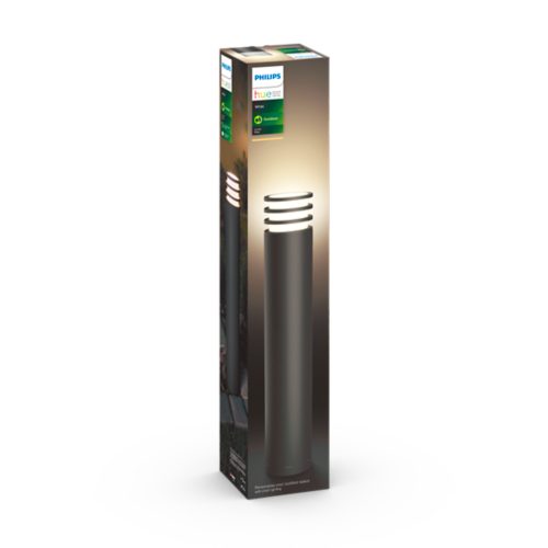 Product packaging showing a cylindrical outdoor light with horizontal rings at the top, illuminated against a dark background.