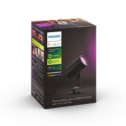 Box displaying a black cylindrical spot light with matte finish, labeled as outdoor white and color ambiance, low-volt, 8W.