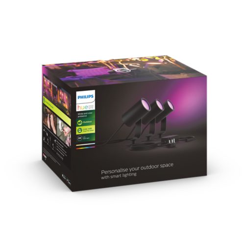 Box displaying a collection of black outdoor smart spotlights, product specifications, and the text Personalise your outdoor space.