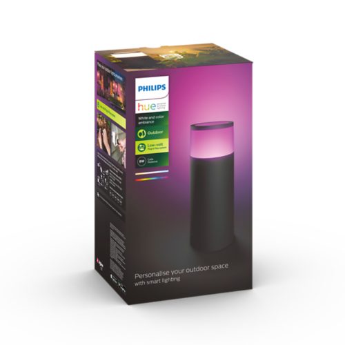 Product packaging featuring a black outdoor pedestal light with a glowing pink top, text reads Personalise your outdoor space.