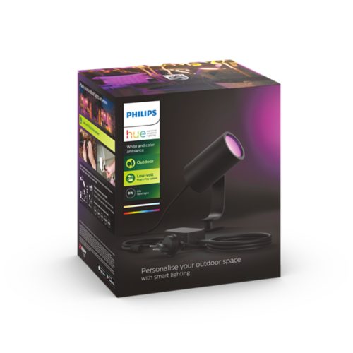 Box displaying a black outdoor spot light with cable, product details, and the text Personalise your outdoor space with smart lighting.