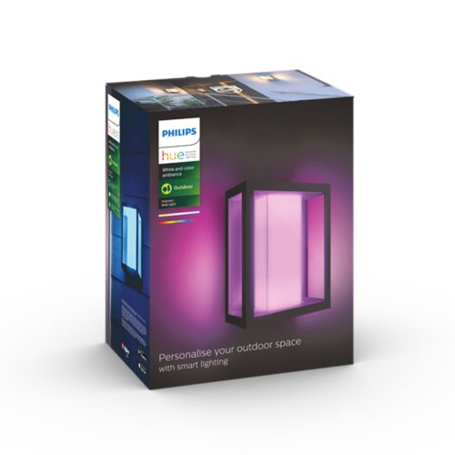 Product packaging for an outdoor wall light with a rectangular design, illuminated in pink, and text describing smart lighting features.