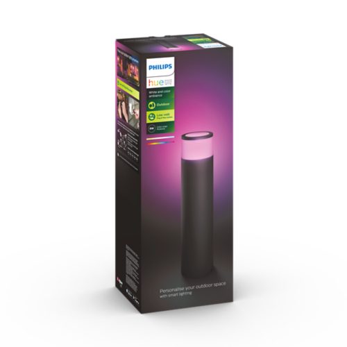 Product packaging showing a cylindrical outdoor smart light with a glowing pink top, labeled for white and color ambiance.