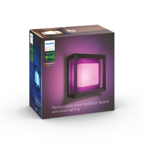 Product packaging showing a square outdoor smart wall light emitting purple light, with text Personalise your outdoor space.