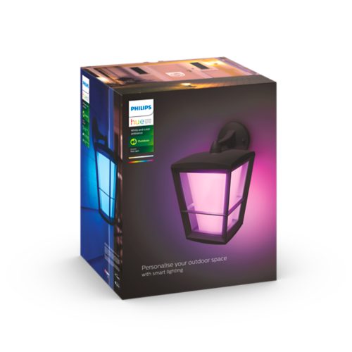 Product packaging showing a wall-mounted outdoor lantern with adjustable colored lighting and the text Personalise your outdoor space.