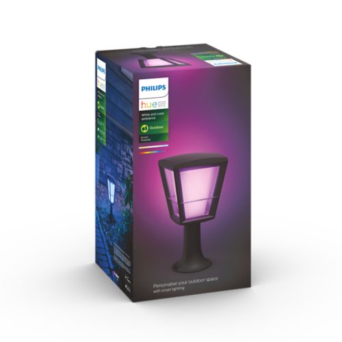 Product packaging showing a black outdoor pedestal light emitting pink illumination, with text Personalise your outdoor space with smart lighting.