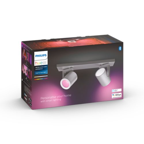 Box displaying a smart spot light with adjustable heads, showing white and pink illumination, text reads Personalise your home with smart lighting.