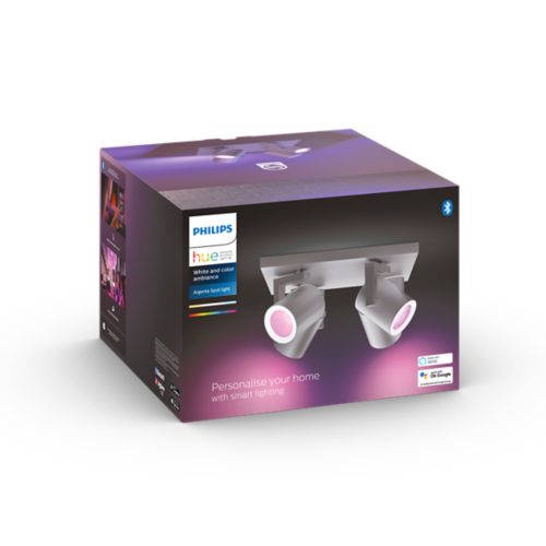 Product packaging showing a white and color ambiance Argenta spot light with Bluetooth and smart home compatibility logos.