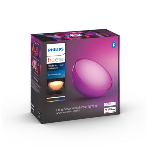 Box featuring a portable round smart light with a purple finish, displaying product name, color options, and compatibility logos.