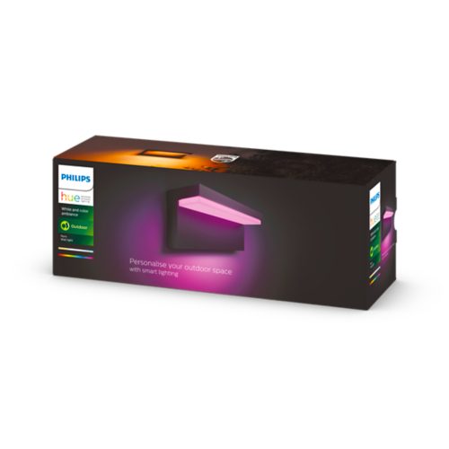 Box packaging showing an outdoor wall light with white and pink illumination and the text Personalise your outdoor space.