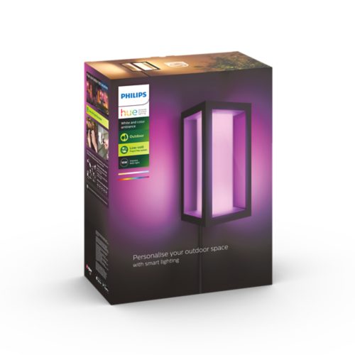 Product packaging displaying a rectangular outdoor wall light with pink illumination and text: Personalise your outdoor space with smart lighting.