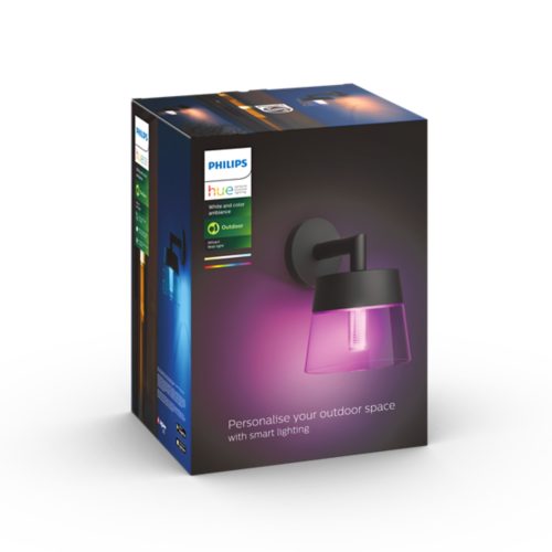 Box of an outdoor wall light with a black fixture and pink illumination, showing the text Personalise your outdoor space with smart lighting.