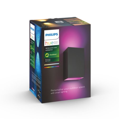 Product packaging for a smart outdoor wall light, showing a rectangular fixture with colored lighting and text describing features.