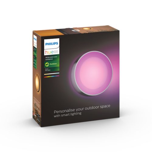 Box featuring a circular wall light emitting pink illumination, with text reading Personalise your outdoor space with smart lighting.
