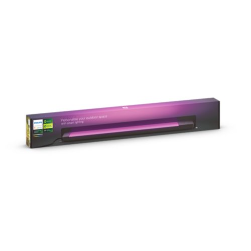 Rectangular box displaying a smart outdoor light bar, black finish, with product name and Personalise your outdoor space with smart lighting text.