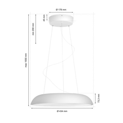 Amaze pendant light, round white shape with smooth matte finish, suspended by cables, dimensions labeled in millimeters.