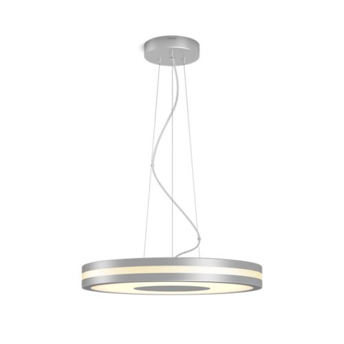 Being Hue pendant light, circular aluminium shape with a matte finish, suspended by cables, illuminated ring visible.