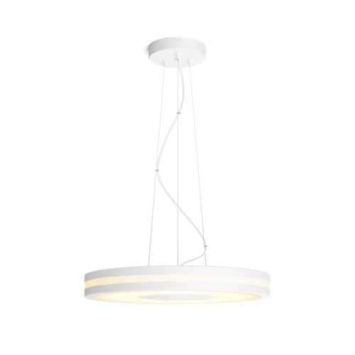 Being Hue pendant light, circular shape, white color, suspended by cables, matte finish, no visible switches or ports.