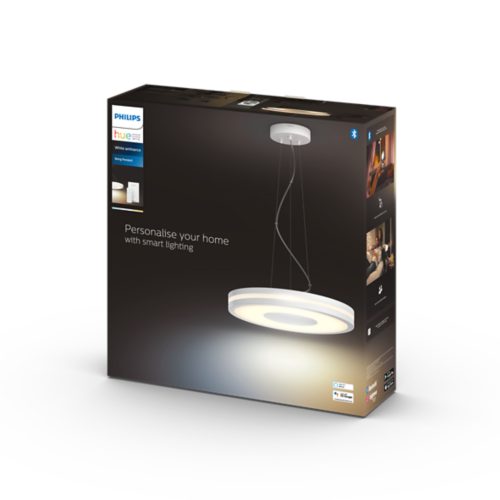 Product packaging showing a circular pendant light with adjustable cables and printed text Personalise your home with smart lighting.