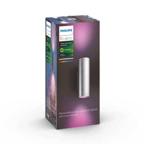 Product packaging showing a silver outdoor wall light with text: Personalise your outdoor space with smart lighting.