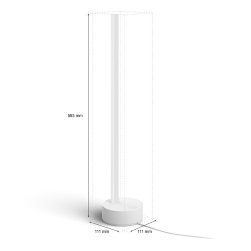 White Gradient Signe table lamp with a slim vertical rectangular shape, round base, matte finish, and visible power cable. Text: 553 mm, 111 mm.