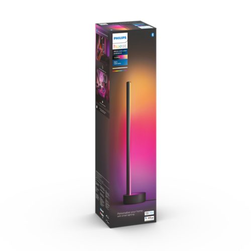 Box packaging of a smart gradient table lamp with white and color ambiance, featuring product images and descriptive text.