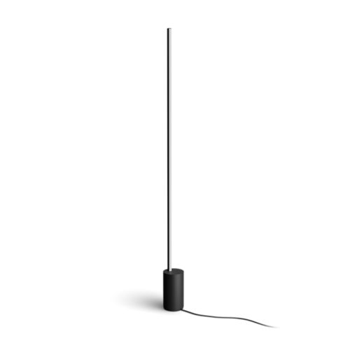 Gradient Signe floor lamp, cylindrical base and slim vertical pole, black color, matte finish, visible power cable.