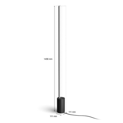Black Gradient Signe floor lamp, cylindrical base, vertical slim shape, matte finish, visible power cord, labeled dimensions.