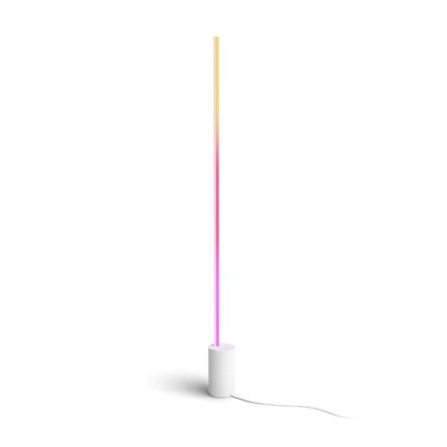 White Gradient Signe floor lamp, cylindrical base, slim vertical shape, visible power cable, matte finish, multicolor light strip