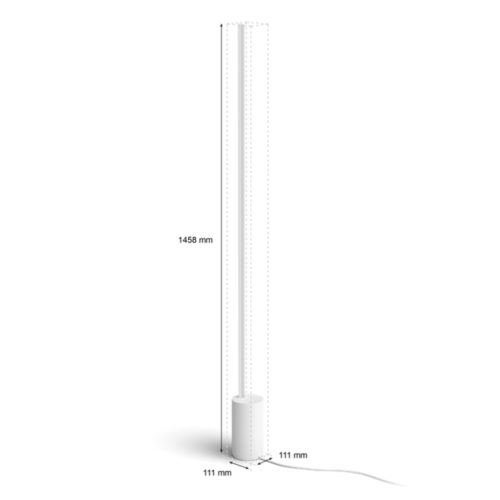 White Gradient Signe floor lamp, cylindrical base, tall slim shape, matte finish, with visible power cord and dimensions in millimeters.