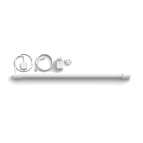 A white gradient light tube with power adapter, two cables, and a plug attachment arranged on a plain white background.