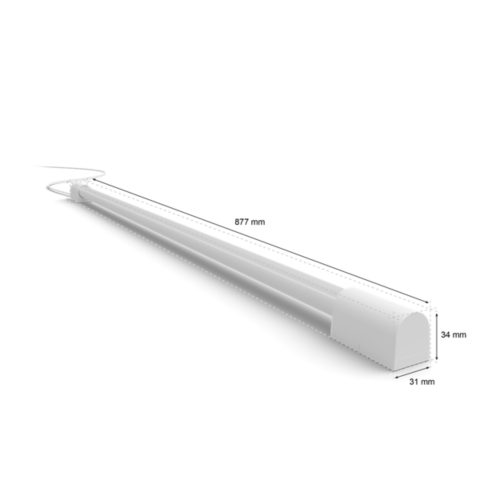 White Play gradient light tube, compact shape, matte finish, visible cable, with dimensions 877 mm by 34 mm by 31 mm shown.
