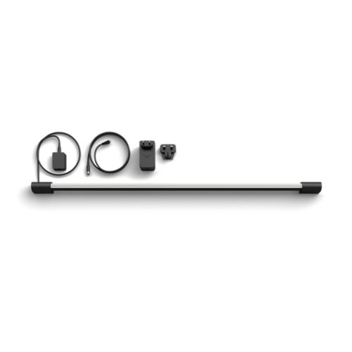Black compact gradient light tube with a power adapter, plug, and two cables arranged on a plain white background.