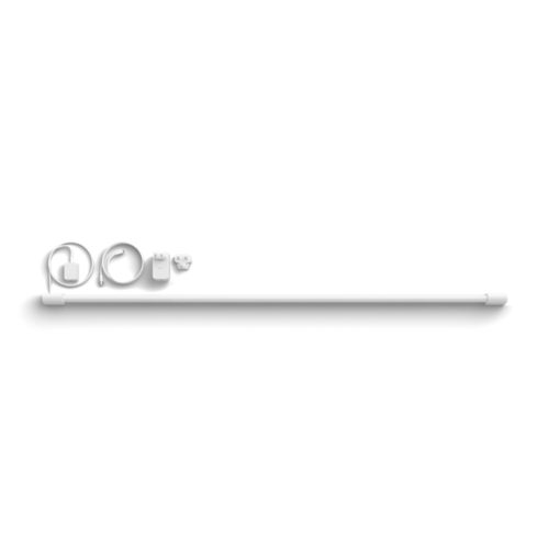 A white gradient light tube with a collection of cables, a power adapter, and a plug displayed on a plain background.