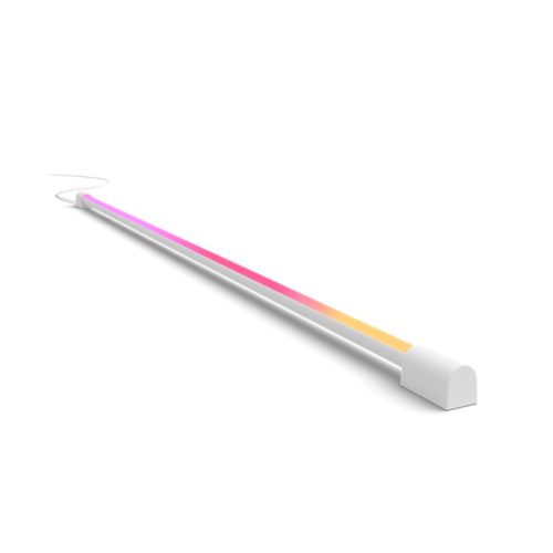 Large gradient light tube with a white rectangular base and rounded end, displaying pink and yellow illumination along its length.
