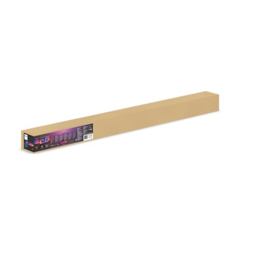 Rectangular, long, beige cardboard box with printed product information and images on one end, featuring a glossy finish.