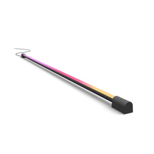 Large black gradient light tube with a rectangular shape, displaying pink and yellow illumination, featuring a matte finish and power cable.