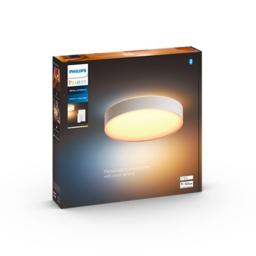 Box packaging of Enrave L ceiling light showing a round ceiling fixture emitting warm white light with product details and text.