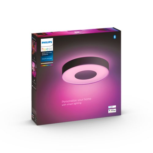 Product packaging for Infuse M ceiling light showing a round fixture emitting pink light, with text Personalize your home with smart lighting.