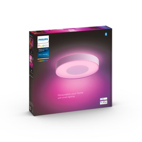 Product packaging for a smart ceiling light, featuring an image of a round light glowing pink and text “Personalize your home with smart lighting”.