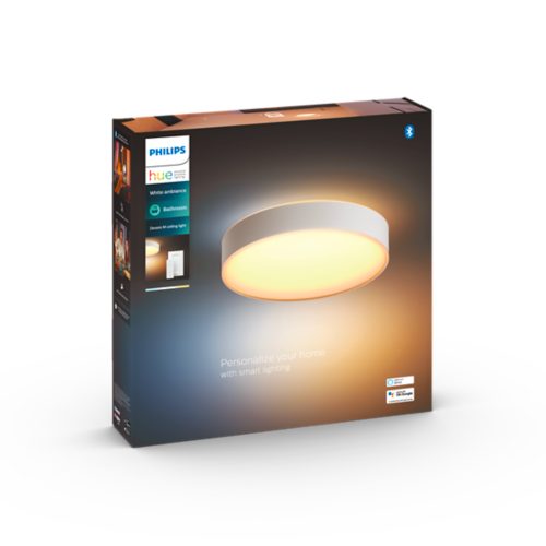 Product packaging for a round ceiling light with warm illumination, labeled Devere M ceiling light and Personalize your home.